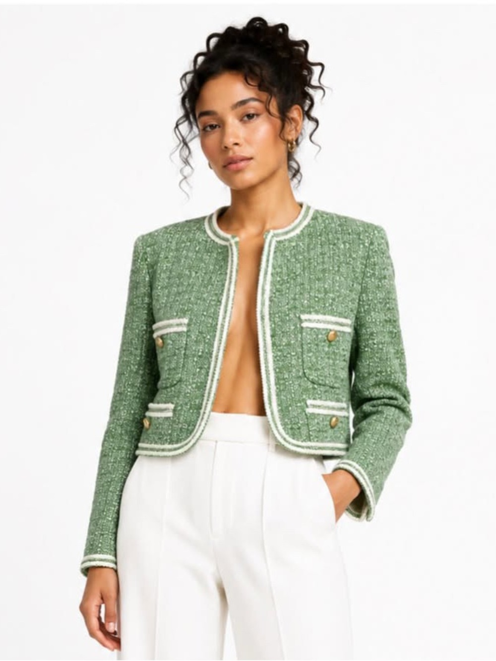 LK Bennett Green & White Chanel Inspired Tweed Double Breasted Blazer